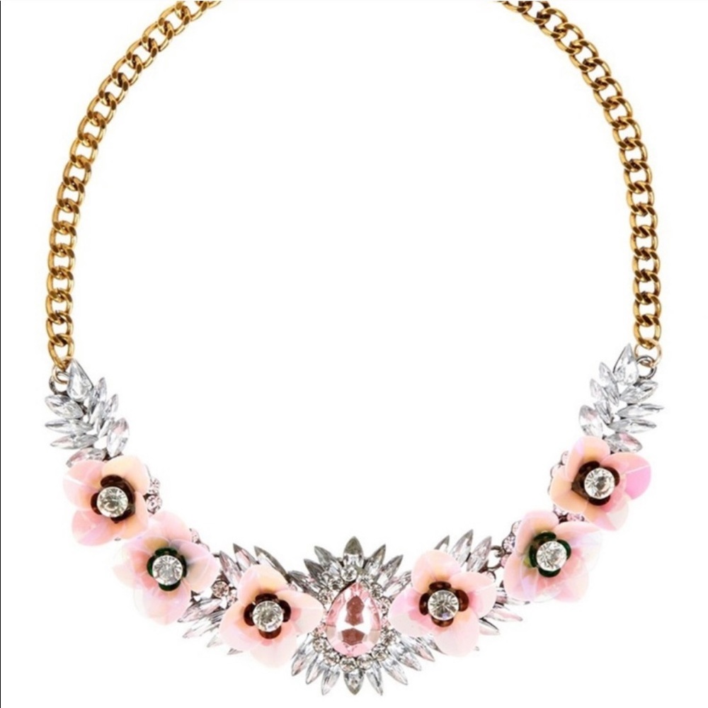 Gold Chain Necklace Pink and Silver Crystal Flower